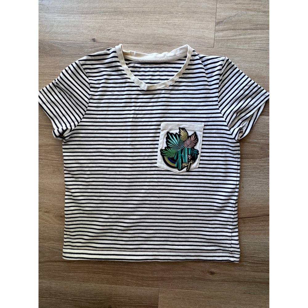Maje Striped Pocket T-Shirt French Tropical Patch Black White Womens Small
